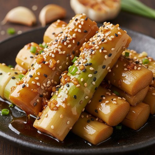 Shoot tender garlic cling soy glaze sesame shimmer