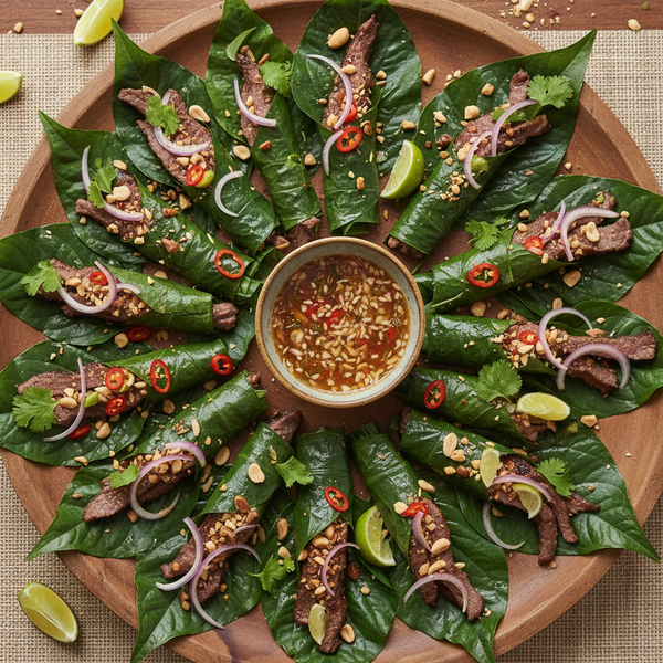 Beef strips betel leaf shallot peanut lime platter burst