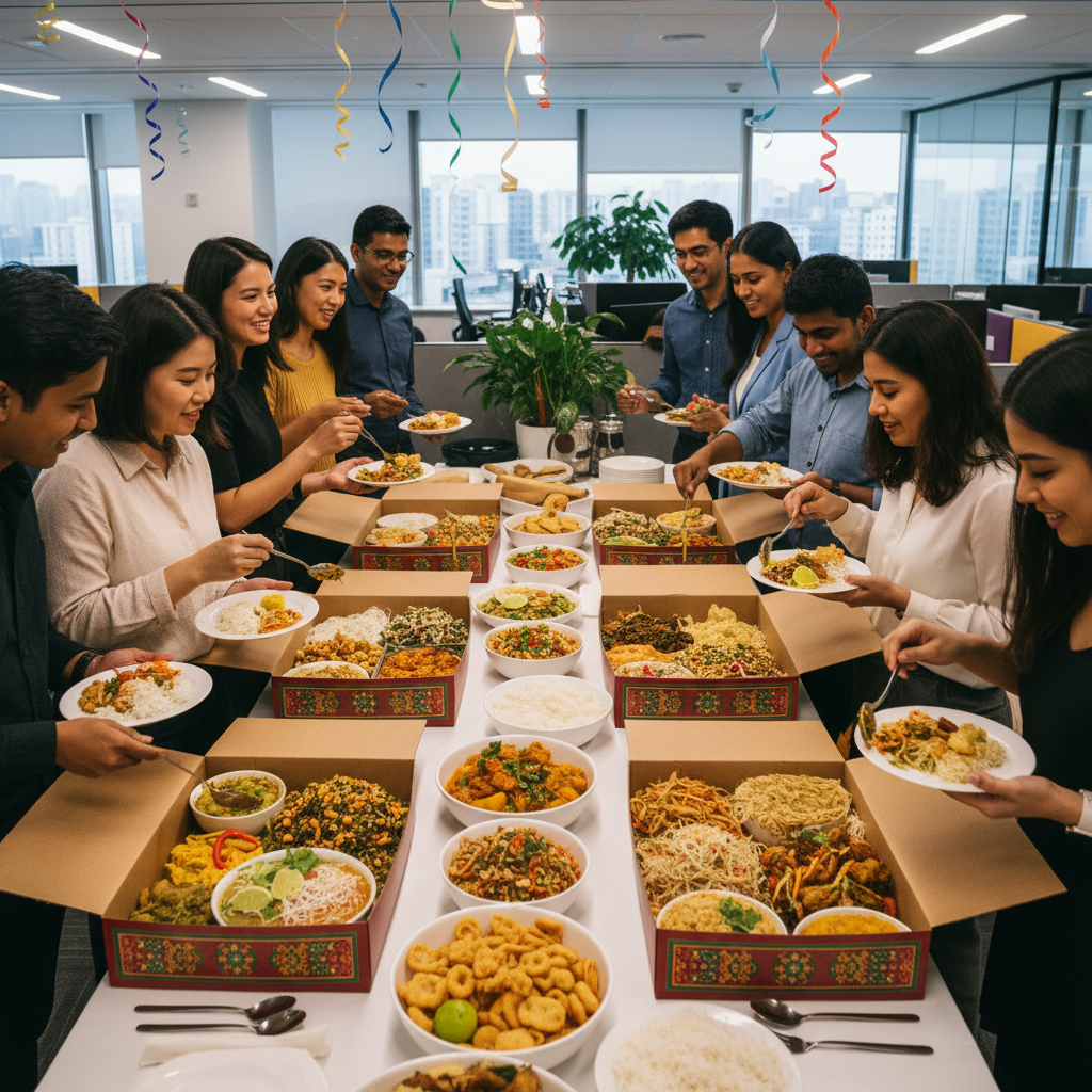 Office party buffet with catering boxes