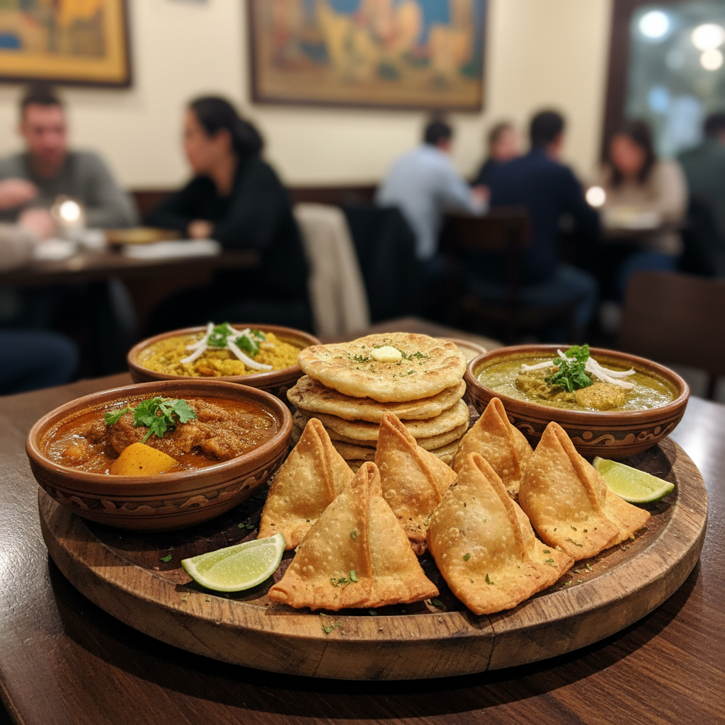 Samosas and palata platter with three curries