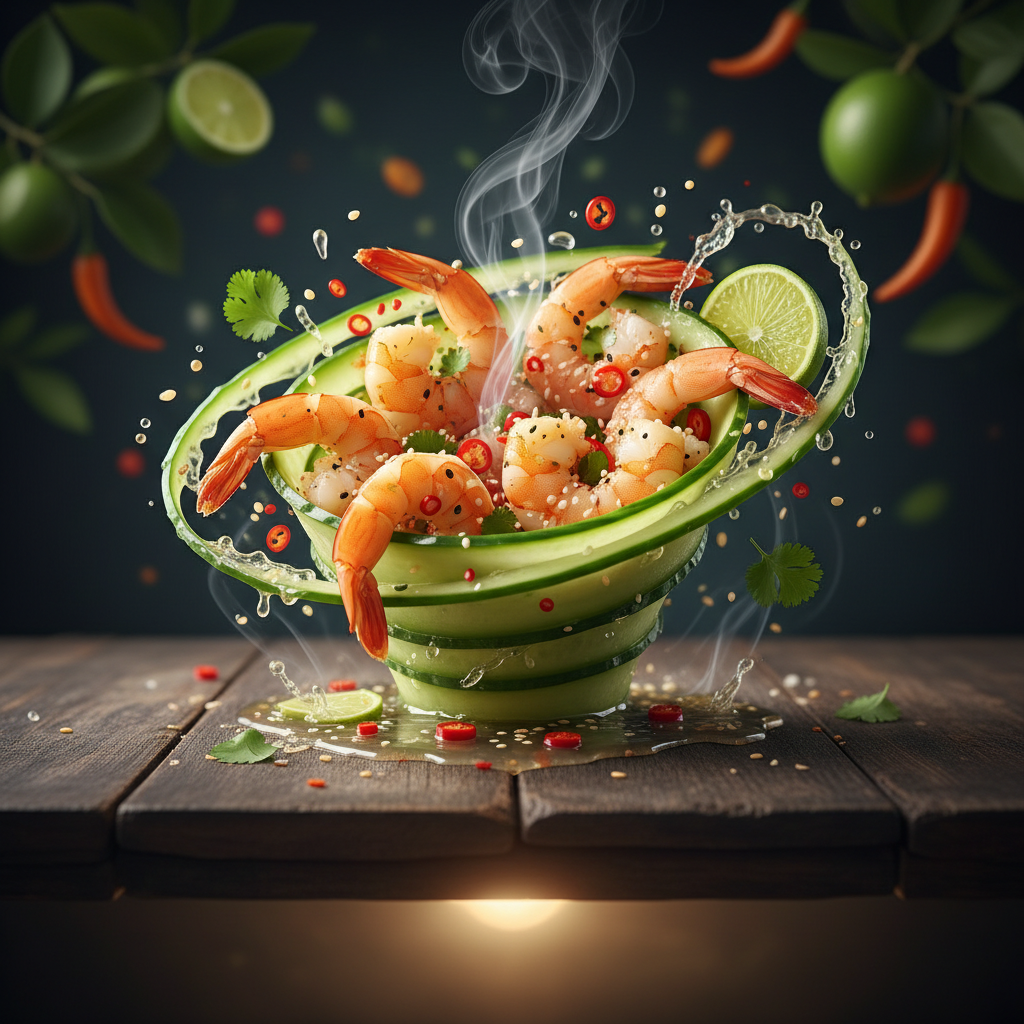 Cucumber slices sesame chili lime prawn cup cyclone