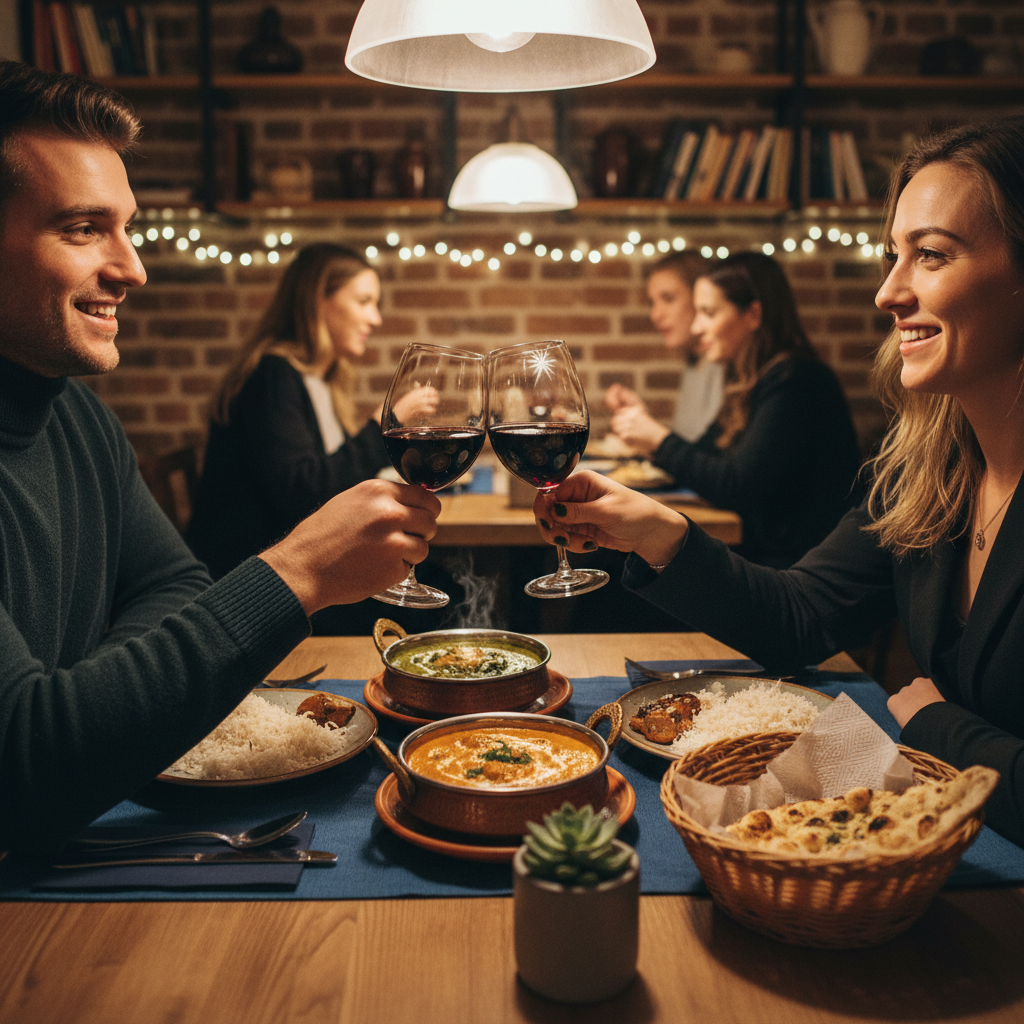 Couple dining with curries and rice