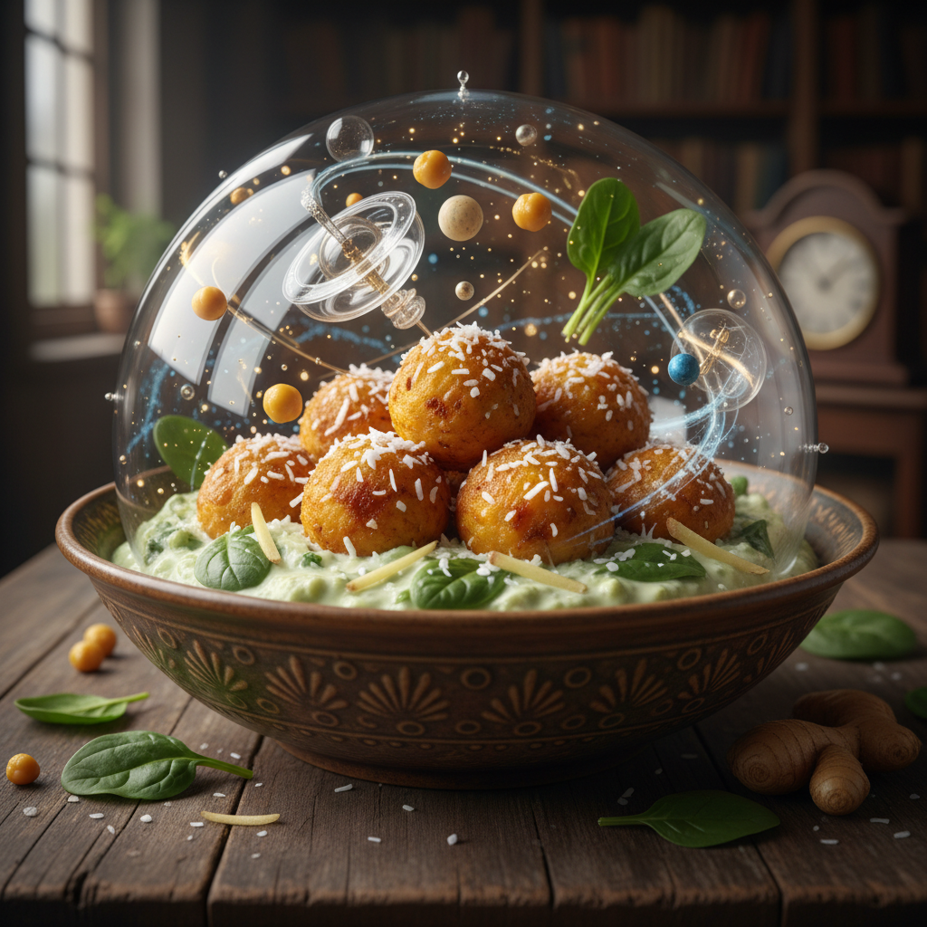 Chickpea spheres coconut spinach ginger raita bowl chrono