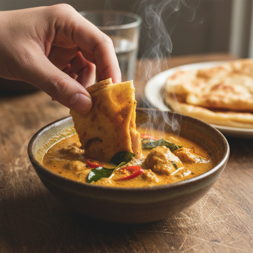 Palata dipping into coconut chicken curry