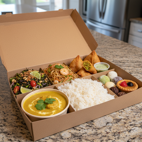 Open catering box with multiple compartments