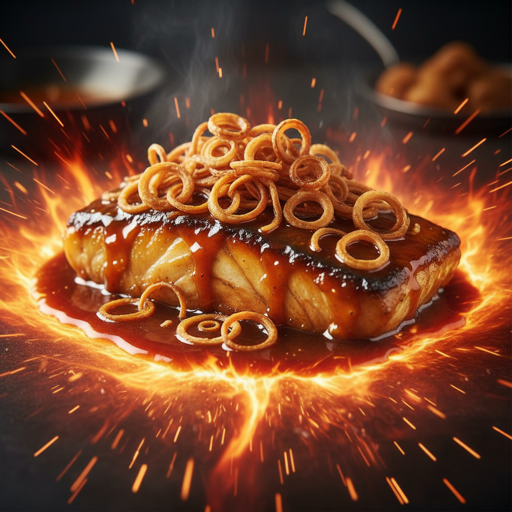 Fillet sear tamarind glaze shallot crisp fury flash