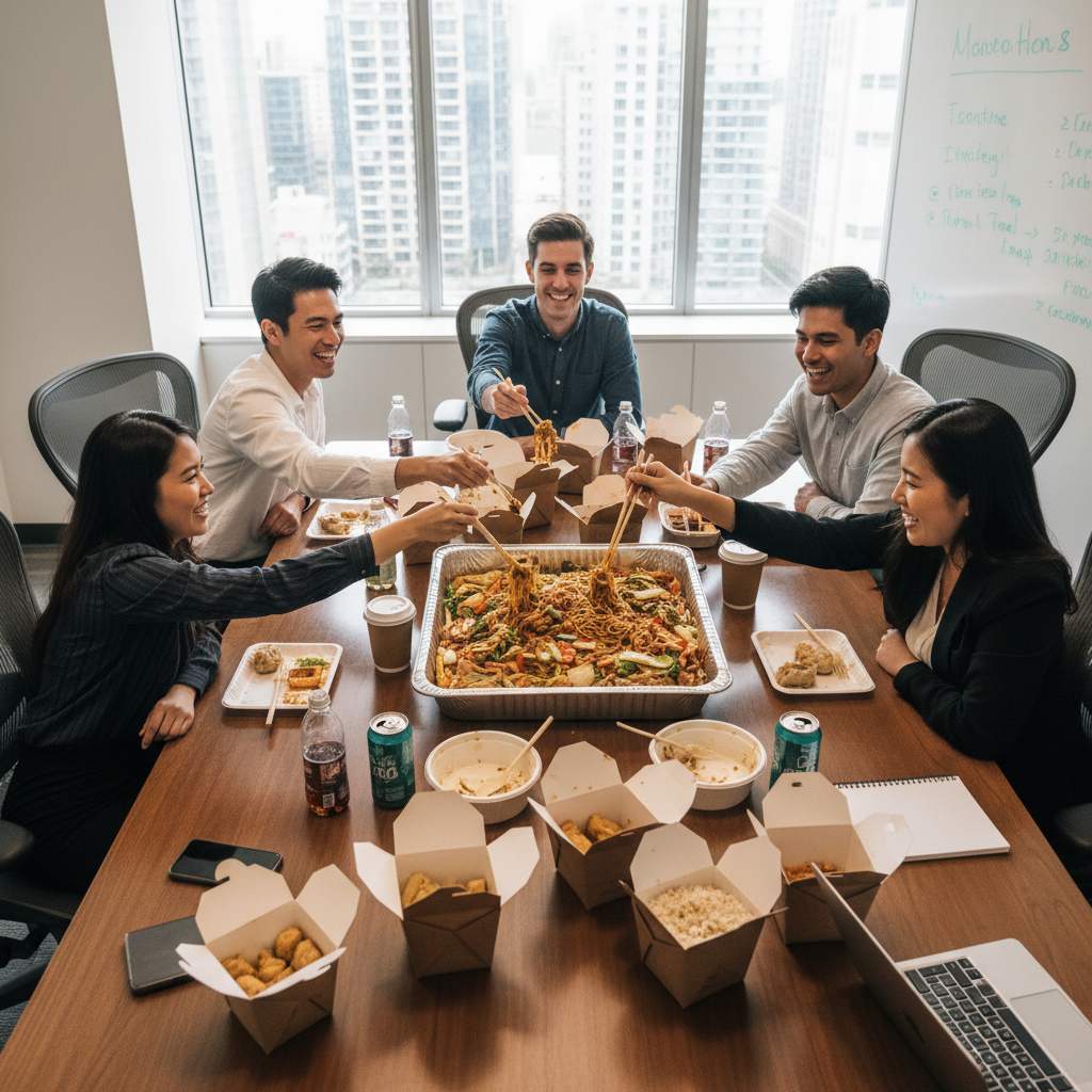 Office team sharing noodle tray