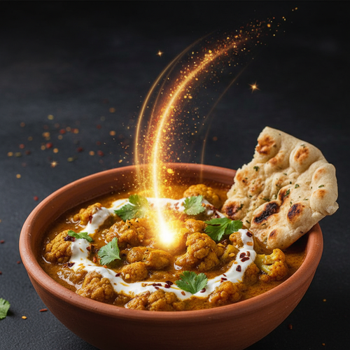 Cauliflower florets curry yogurt cilantro clay naan comet