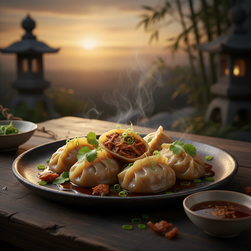 Duck confit five-spice hoisin scallion dumpling dish dusk