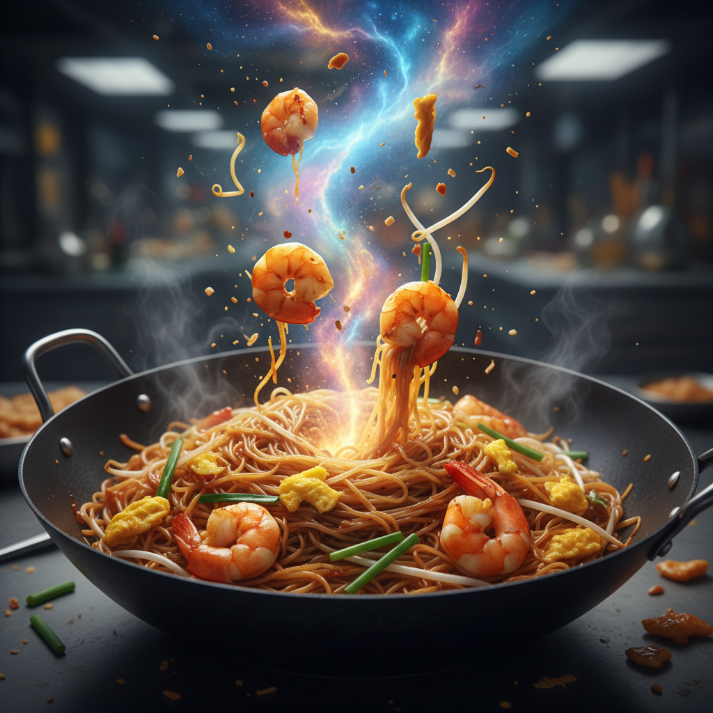 Noodle strands prawn egg sprouts tamarind wok rift rhapsody