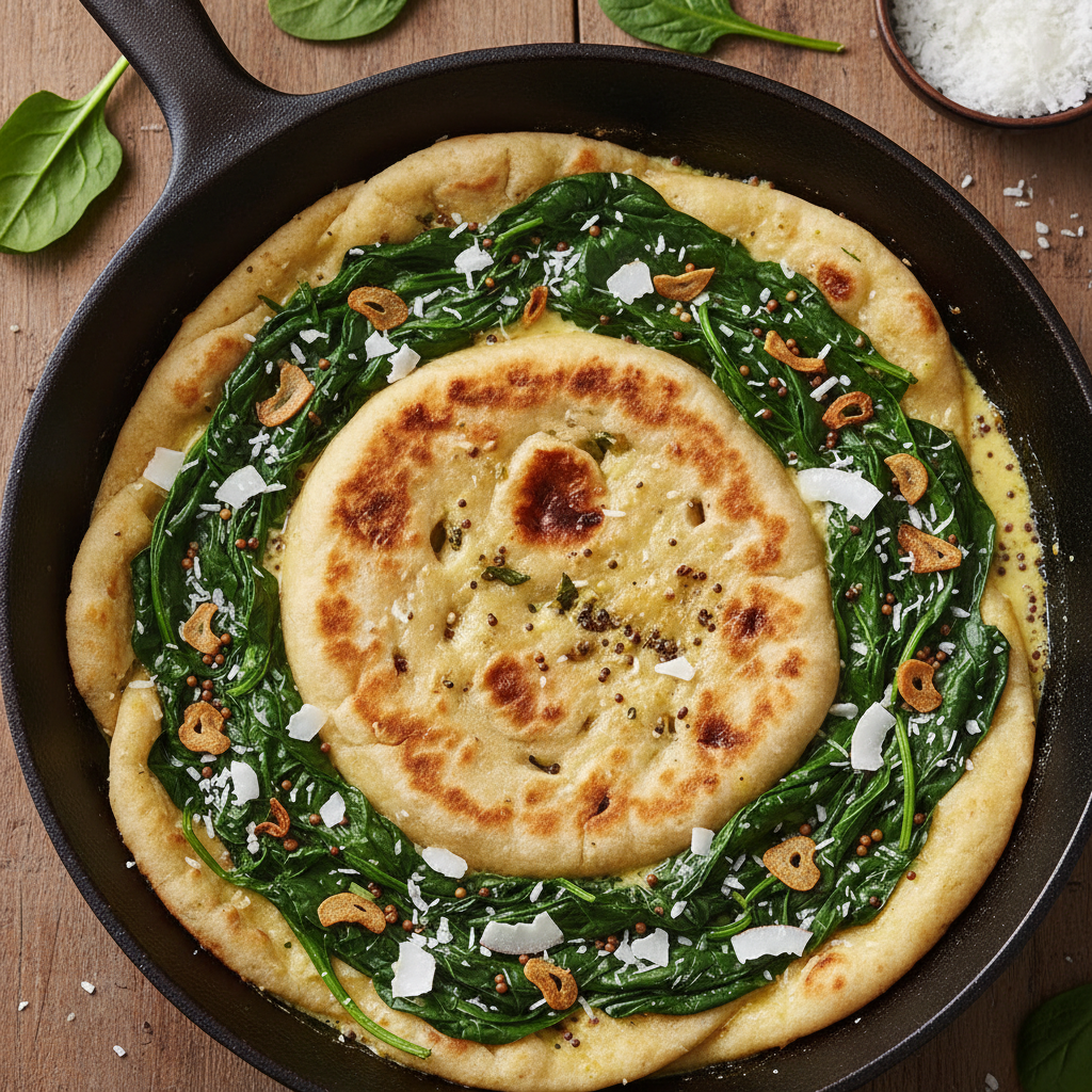 Spinach leaves coconut mustard garlic naan skillet spiral