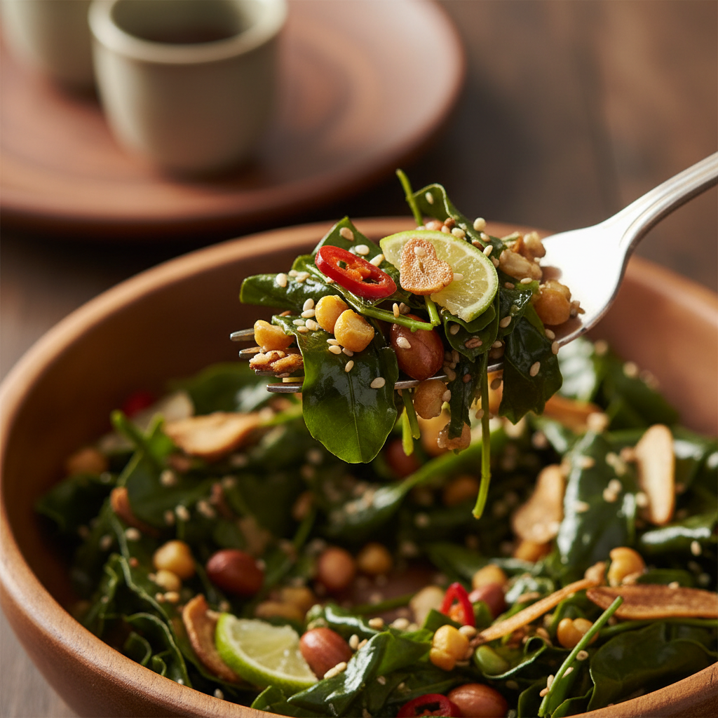 Close-up of tea leaf salad with crunchy textures