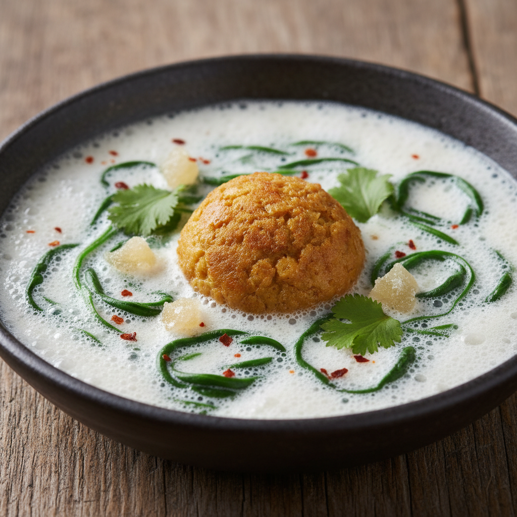 Sphere simmer coconut froth spinach spiral ginger bite