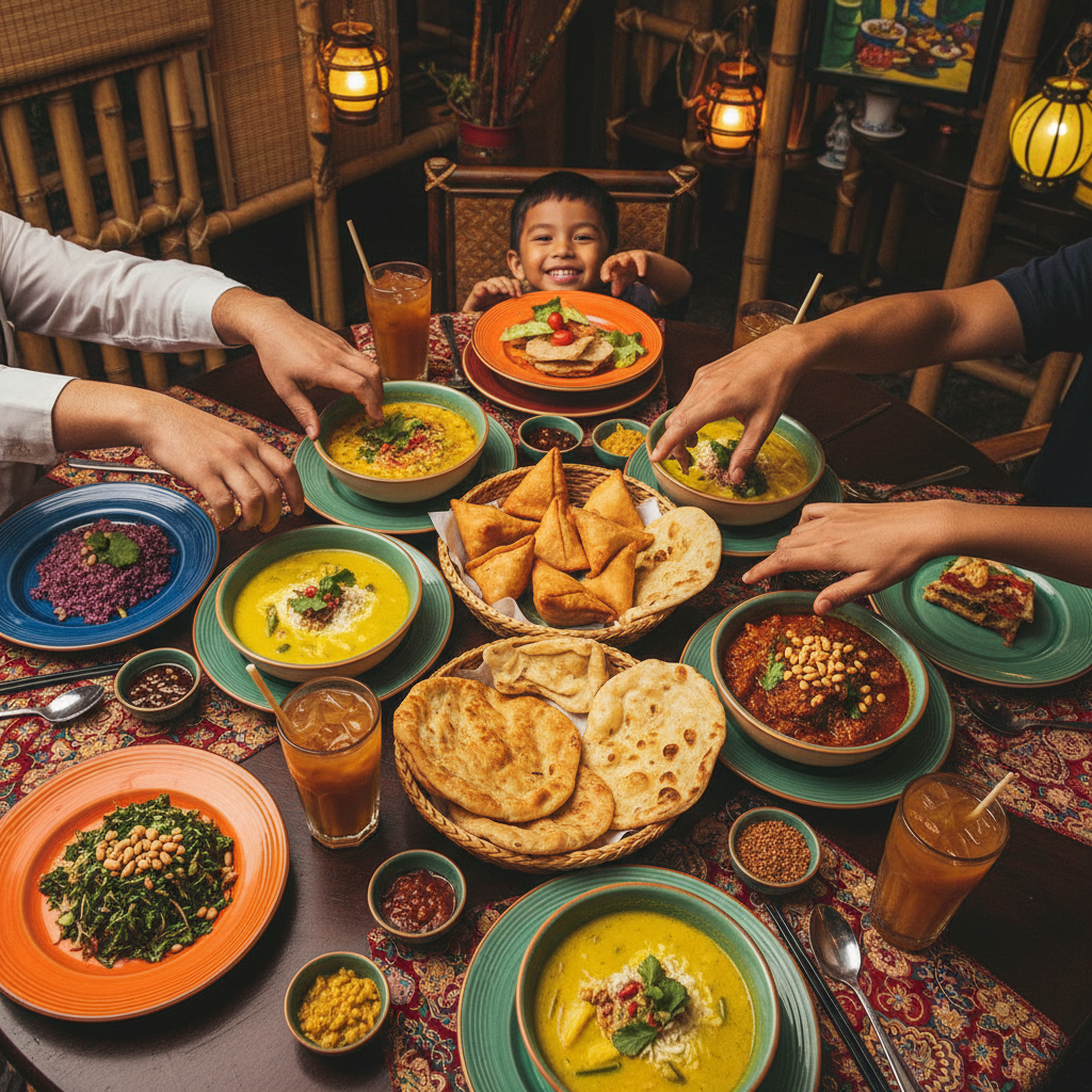 Family sharing samosas and bread