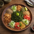Top view of large Burmese tea leaf salad platter