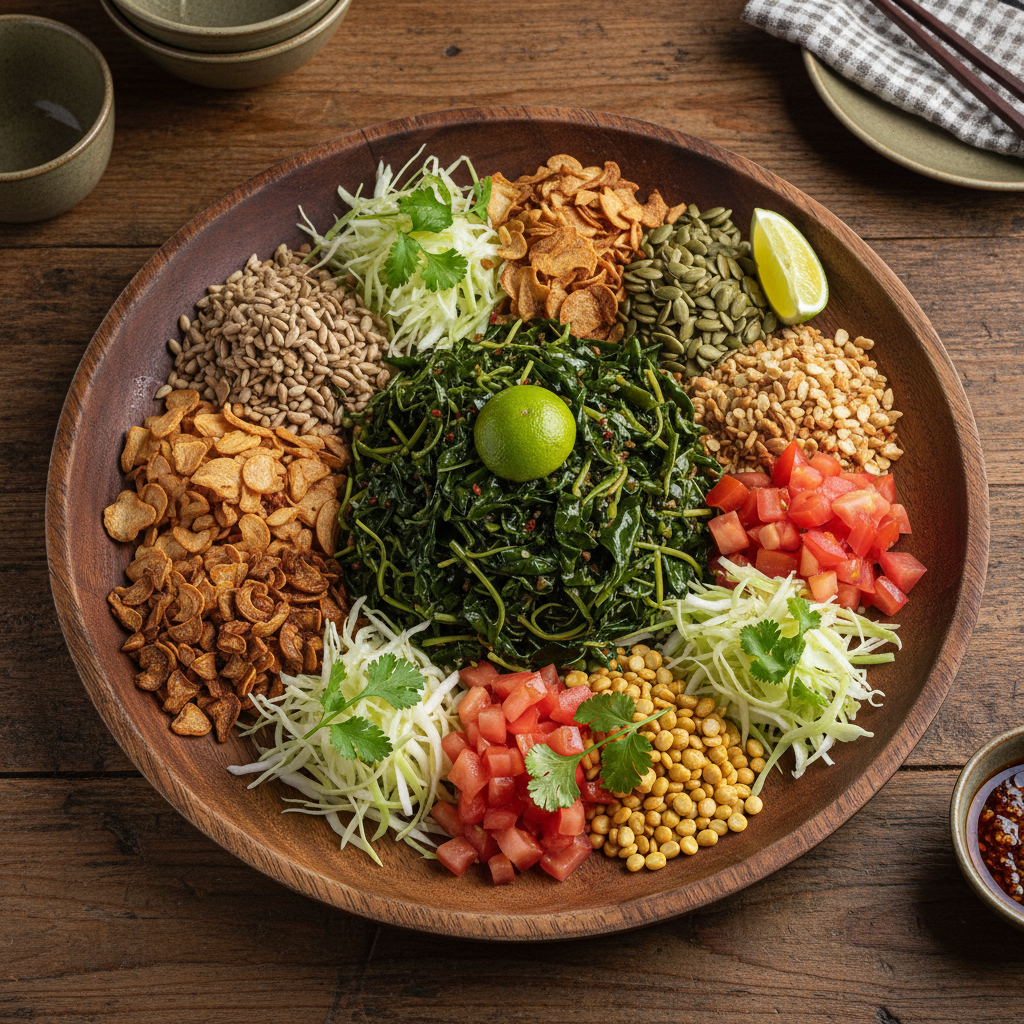 Top view of large Burmese tea leaf salad platter