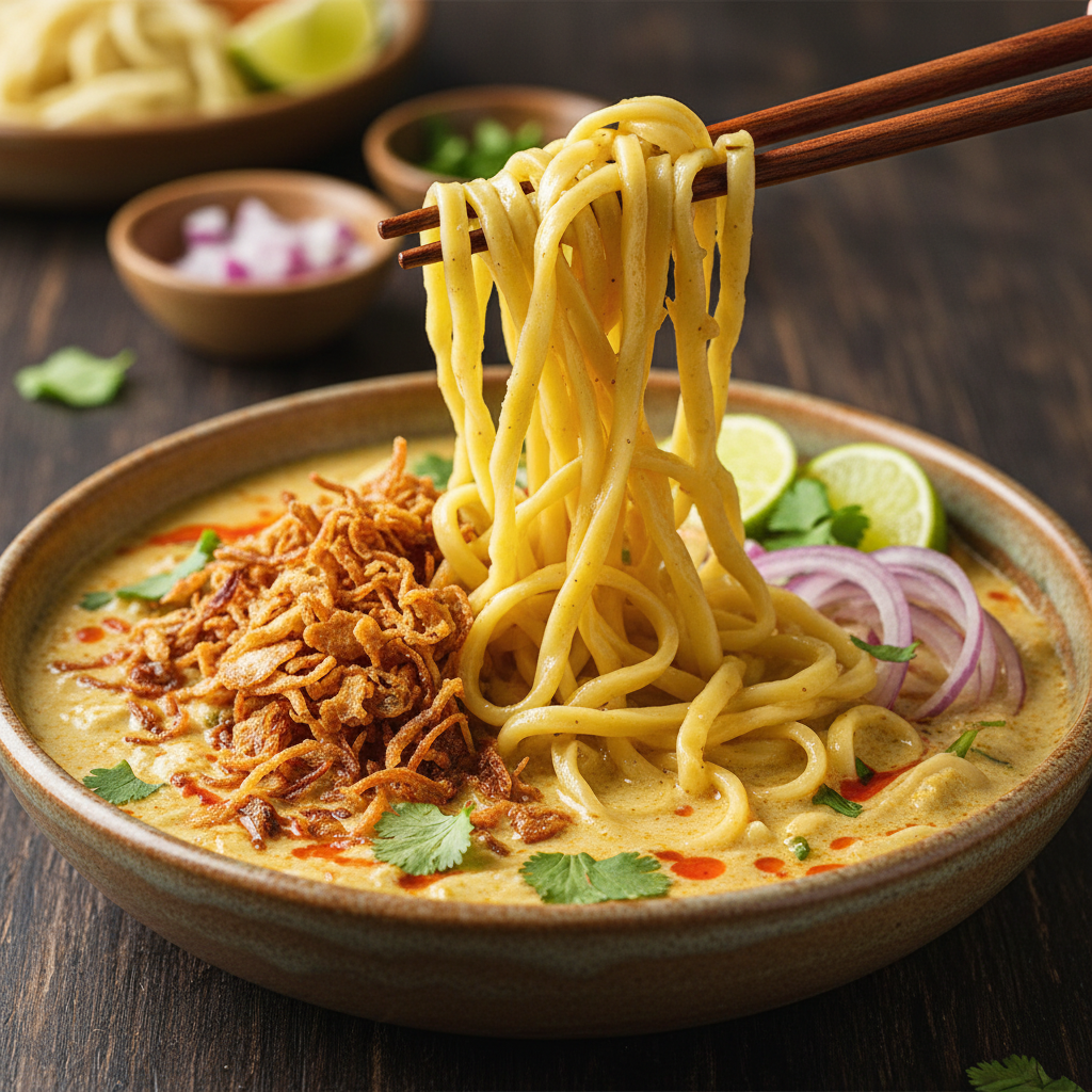 Chopsticks lifting coconut noodles